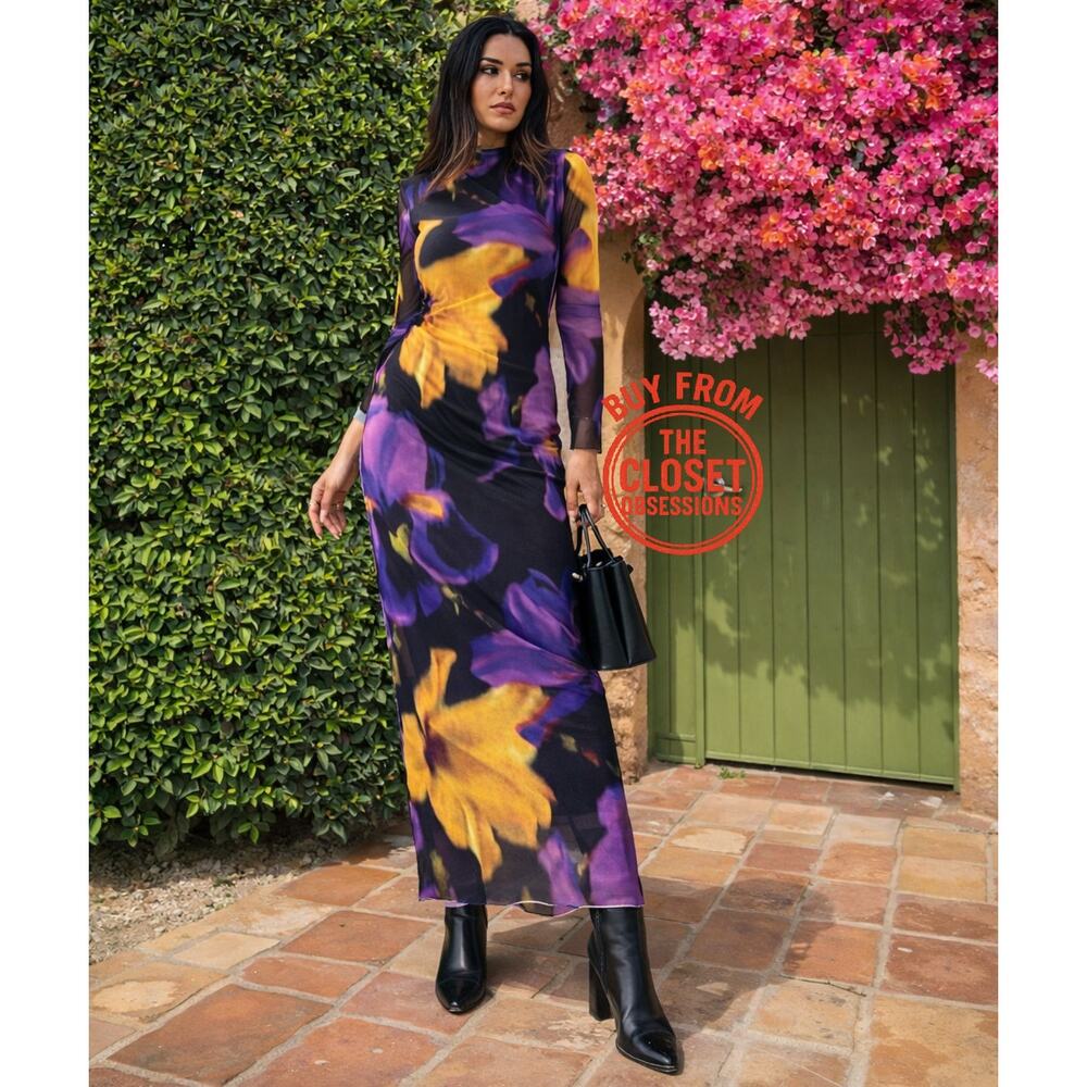 MANGO Fitted Floral Maxi Dress NWT | Multicolor High Neck Long Sleeve